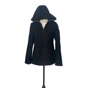 Black Wool Hooded Coat S | Minimalist Zip Winter Jacket